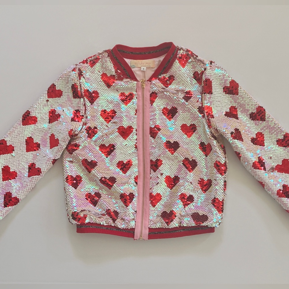 Kids Sequin Bomber Jacket with Heart Pattern- White, Red and Pink